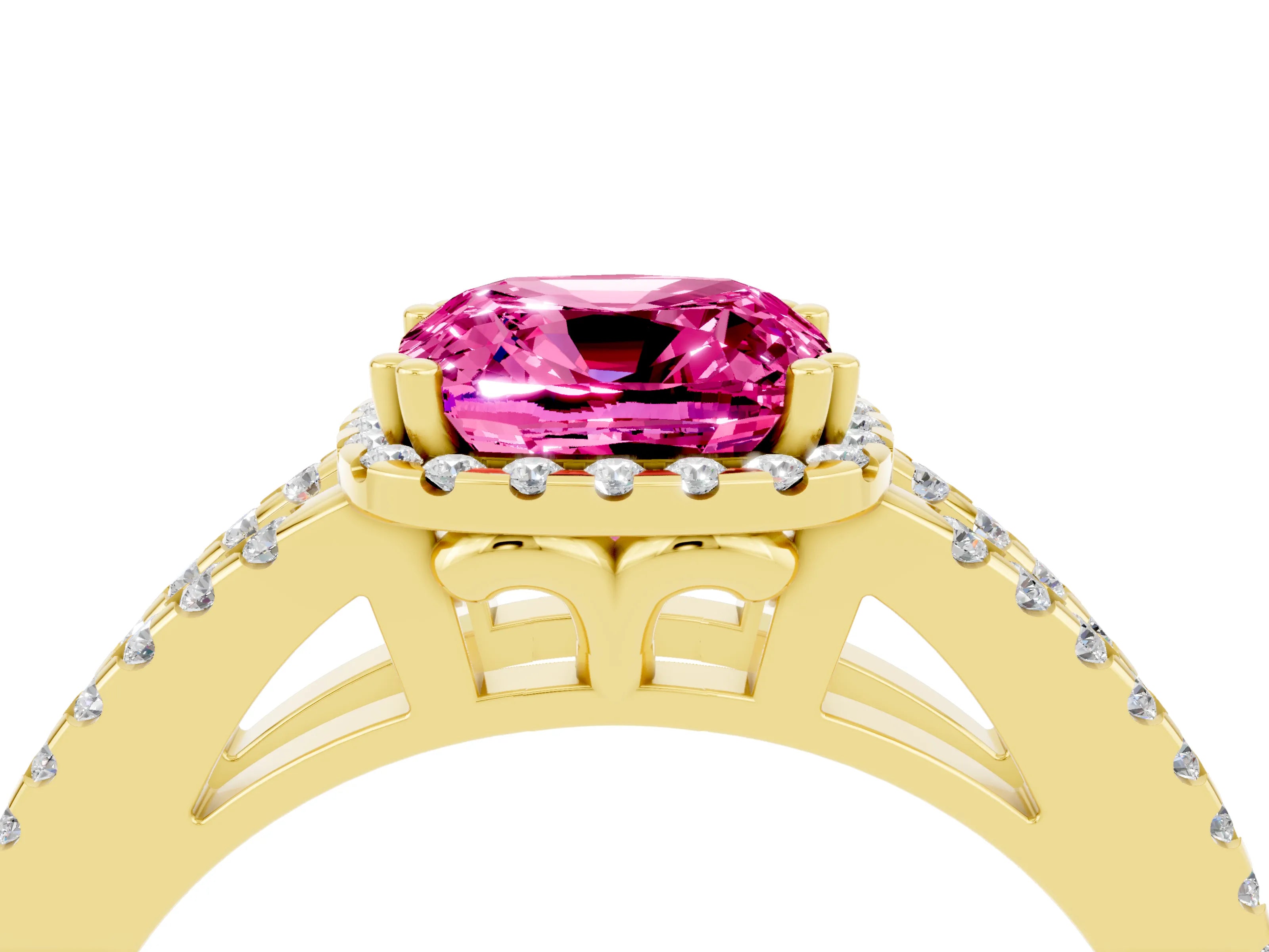 Yellow gold Cushion Cut Pink Sapphire Halo Split Shank Engagement Ring_16