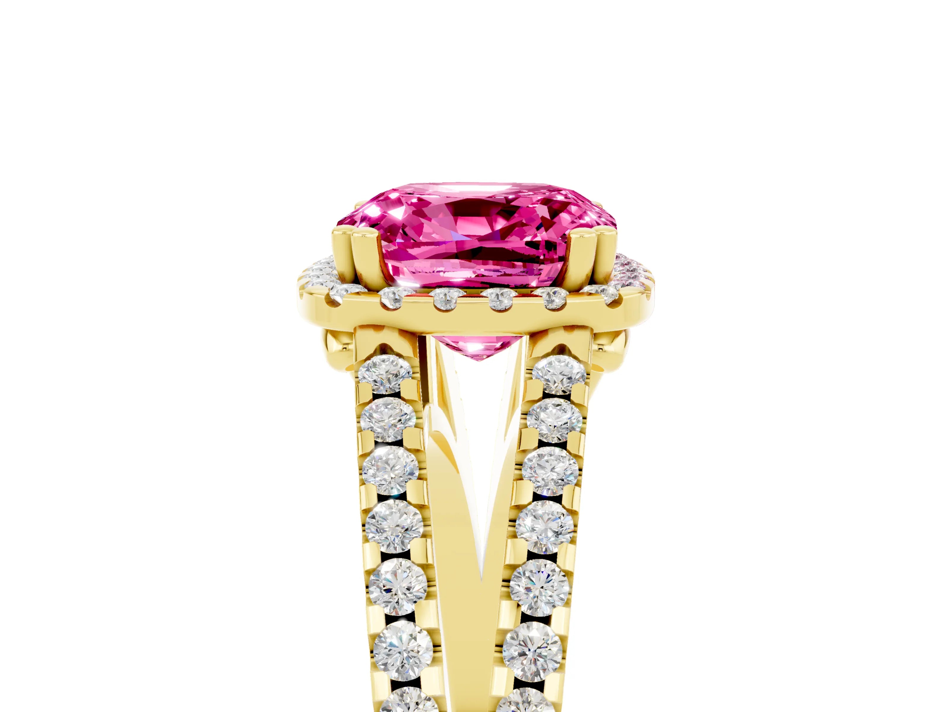 Yellow gold Cushion Cut Pink Sapphire Halo Split Shank Engagement Ring_17