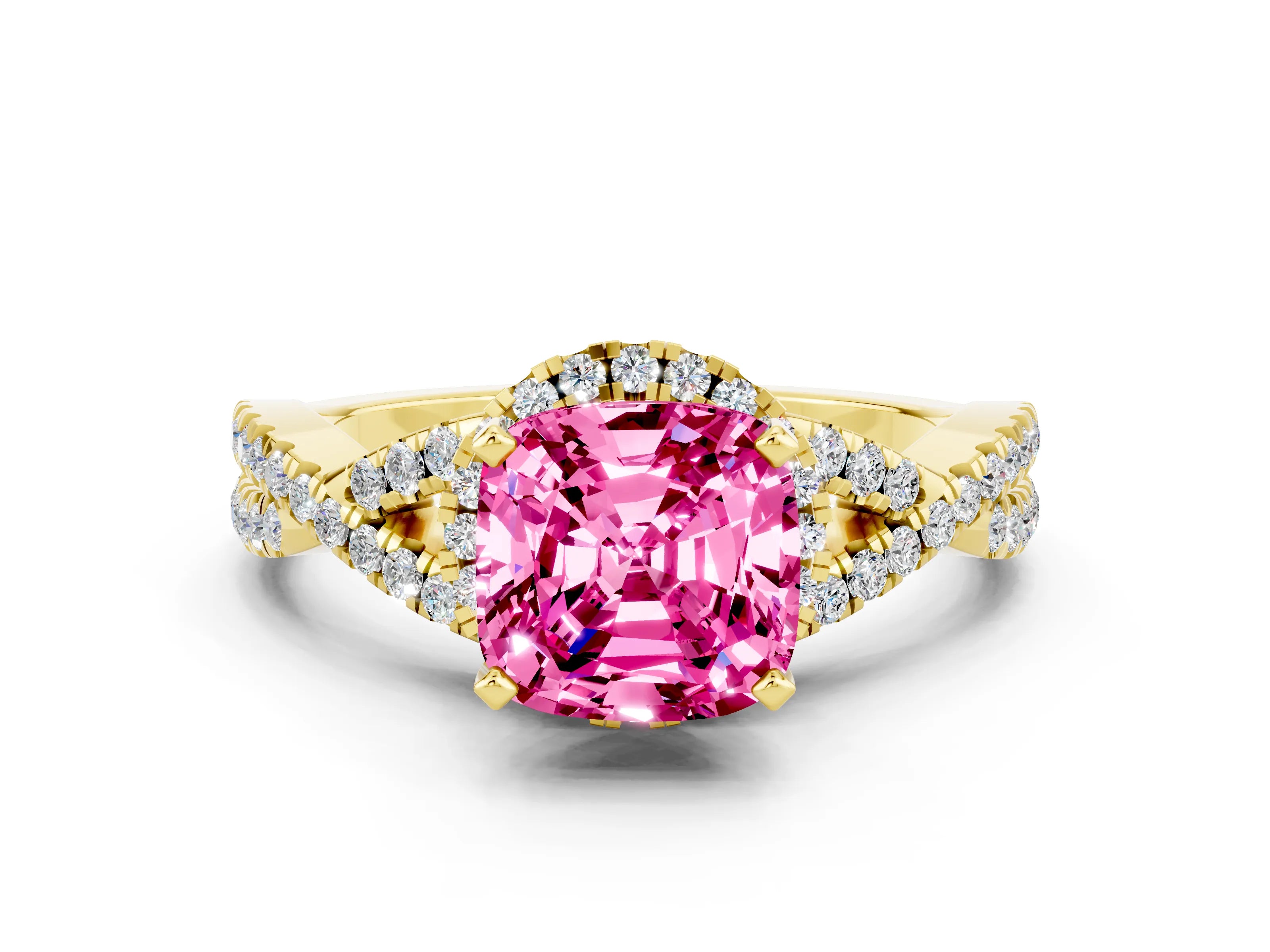 Yellow gold Cushion Cut Pink Sapphire Halo Twist Band Solitaire Prong Setting Ring_24