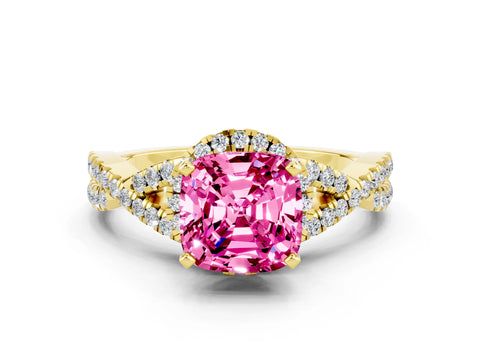 Yellow gold Cushion Cut Pink Sapphire Halo Twist Band Solitaire Prong Setting Ring_24