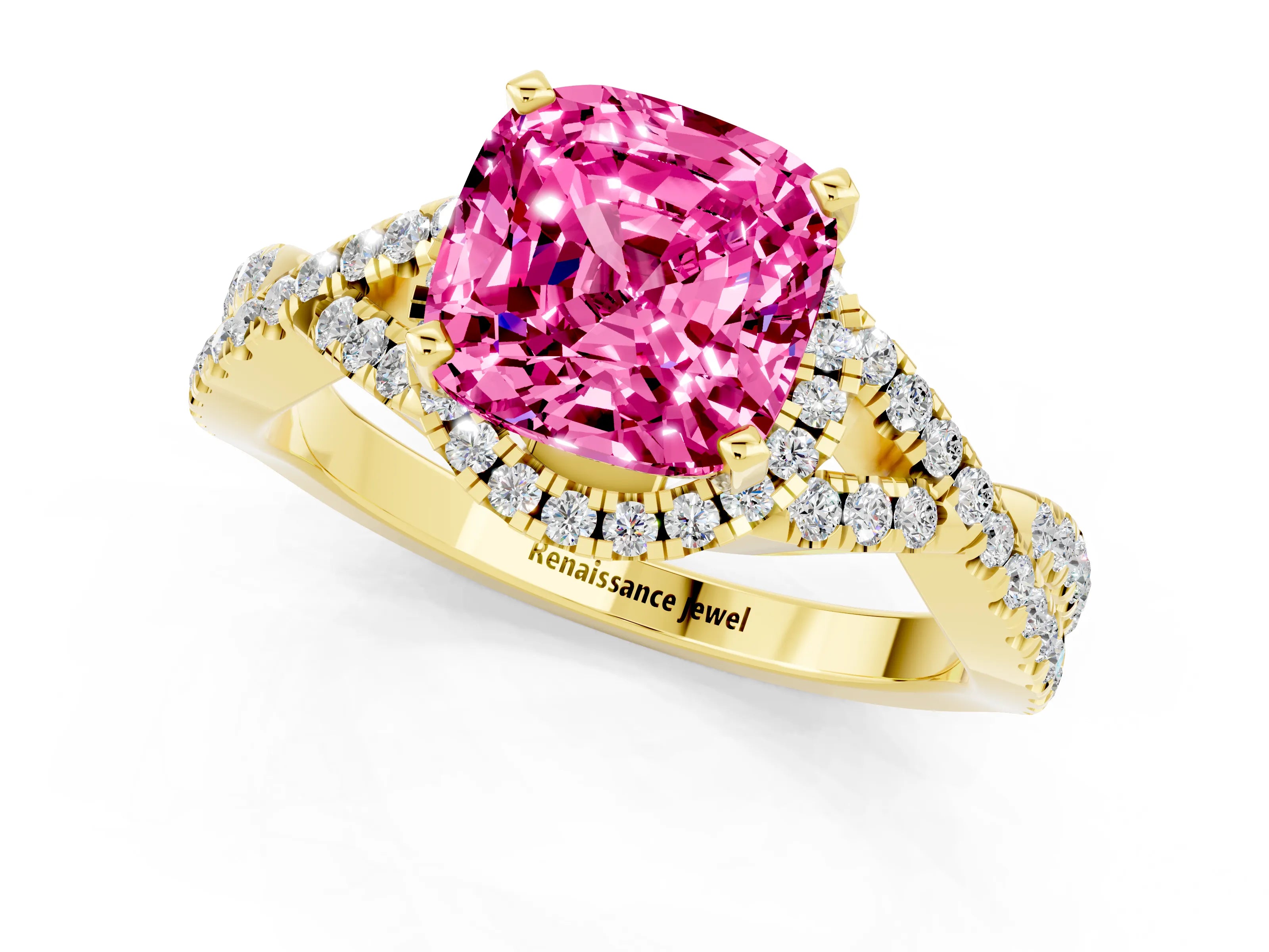 Yellow gold Cushion Cut Pink Sapphire Halo Twist Band Solitaire Prong Setting Ring_25