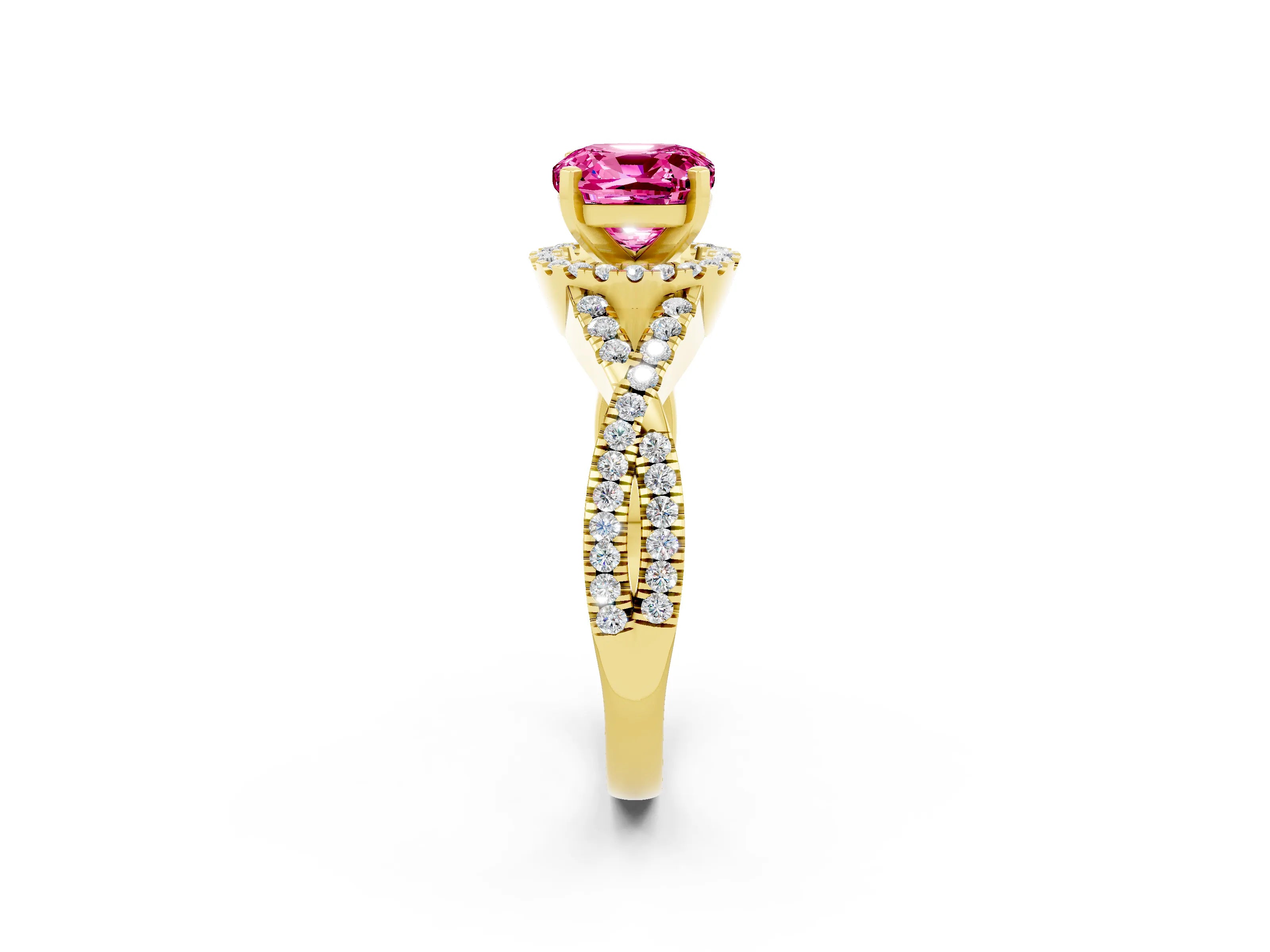 Yellow gold Cushion Cut Pink Sapphire Halo Twist Band Solitaire Prong Setting Ring_26