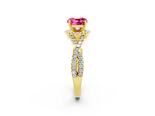 Yellow gold Cushion Cut Pink Sapphire  Halo Twist Band Solitaire Prong Setting Ring