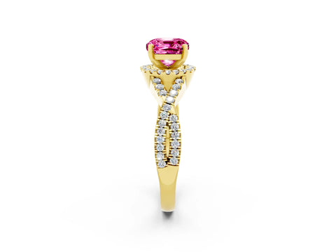 Yellow gold Cushion Cut Pink Sapphire Halo Twist Band Solitaire Prong Setting Ring_26
