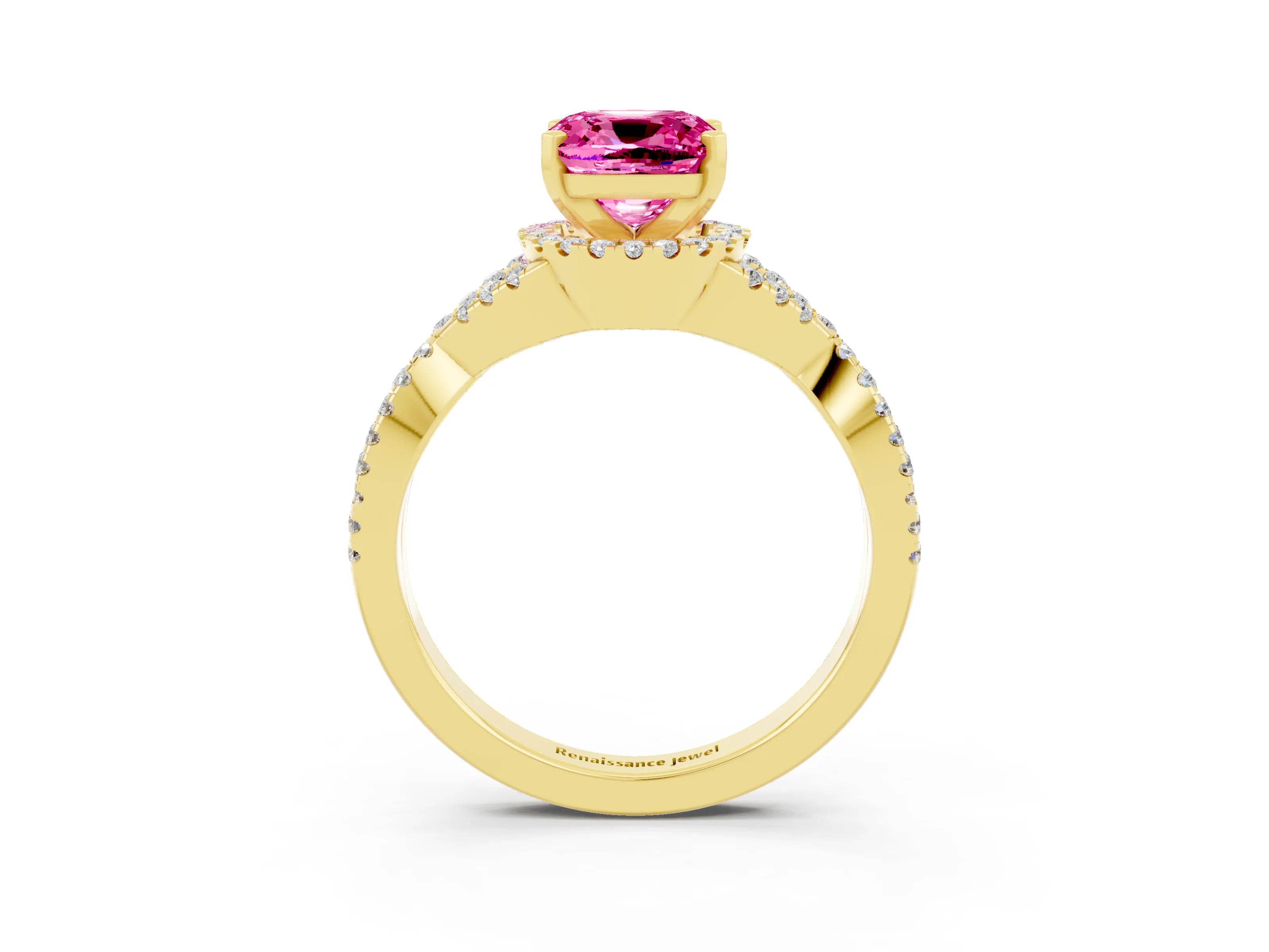 Yellow gold Cushion Cut Pink Sapphire Halo Twist Band Solitaire Prong Setting Ring_27