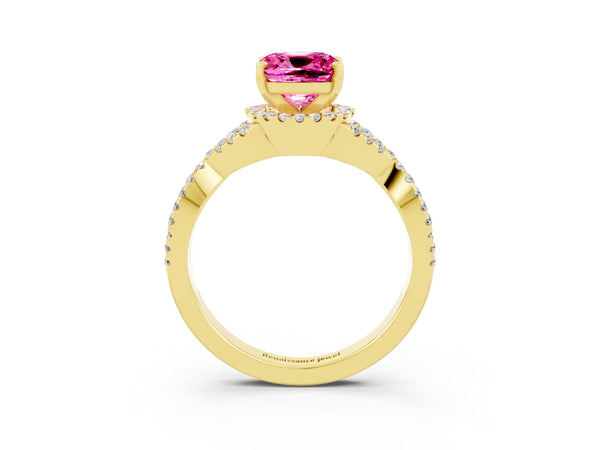 Yellow gold Cushion Cut Pink Sapphire  Halo Twist Band Solitaire Prong Setting Ring