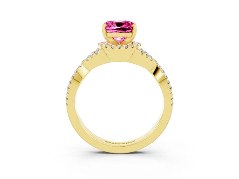 Yellow gold Cushion Cut Pink Sapphire Halo Twist Band Solitaire Prong Setting Ring_27