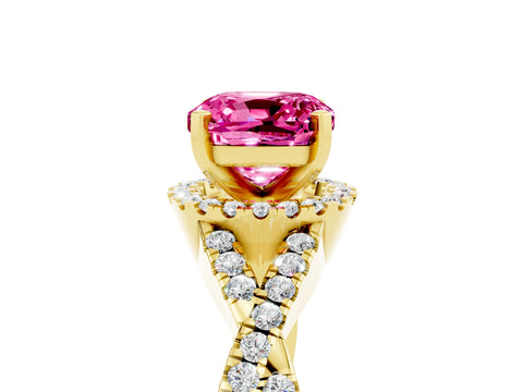 Yellow gold Cushion Cut Pink Sapphire Halo Twist Band Solitaire Prong Setting Ring_29