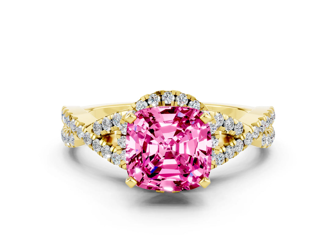 Yellow gold Cushion Cut Pink Sapphire  Halo Twist Band Solitaire Prong Setting Ring_36