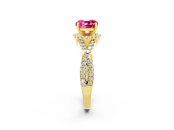 Yellow gold Cushion Cut Pink Sapphire  Halo Twist Band Solitaire Prong Setting Ring