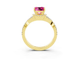 Yellow gold Cushion Cut Pink Sapphire  Halo Twist Band Solitaire Prong Setting Ring_39