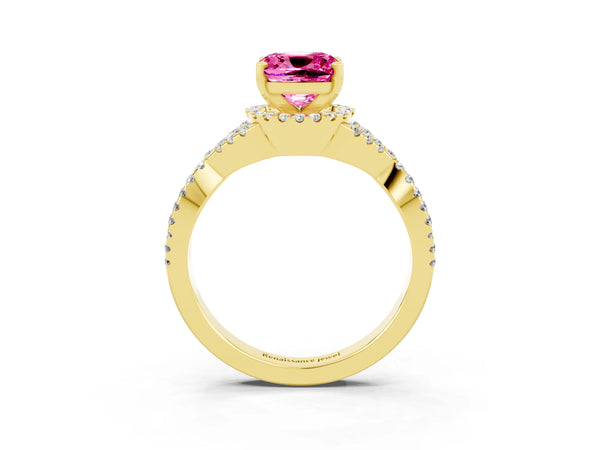 Yellow gold Cushion Cut Pink Sapphire  Halo Twist Band Solitaire Prong Setting Ring