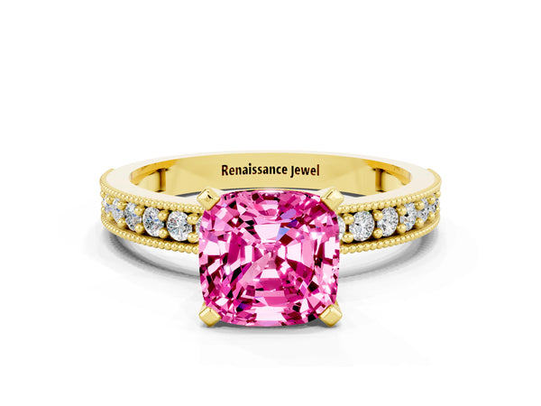 Yellow gold Cushion Cut Pink Sapphire Milgrain Pavé Engagement Ring with Four-Prong Setting