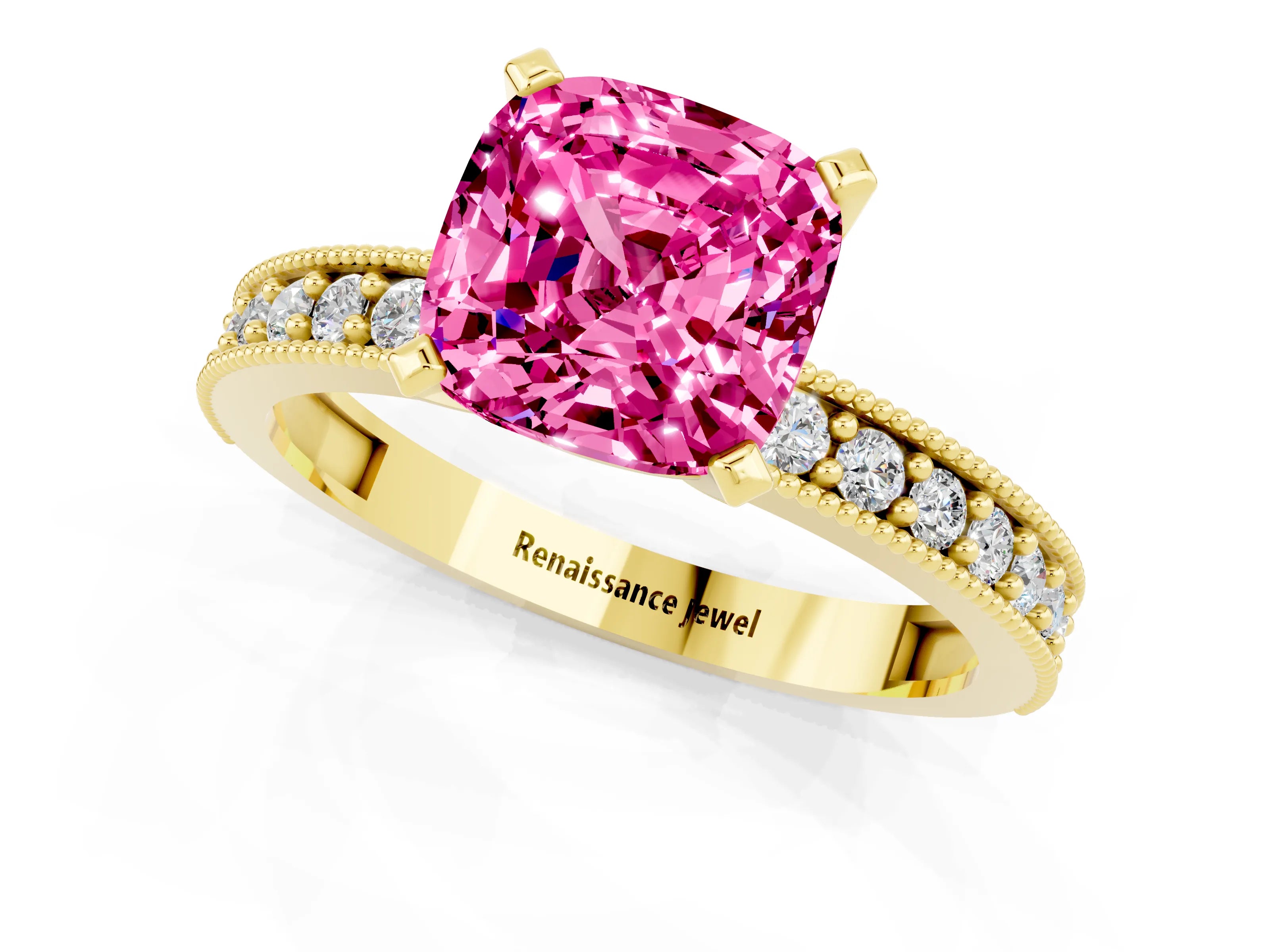 Yellow gold Cushion Cut Pink Sapphire Milgrain Pavé Engagement Ring with Four-Prong Setting_61