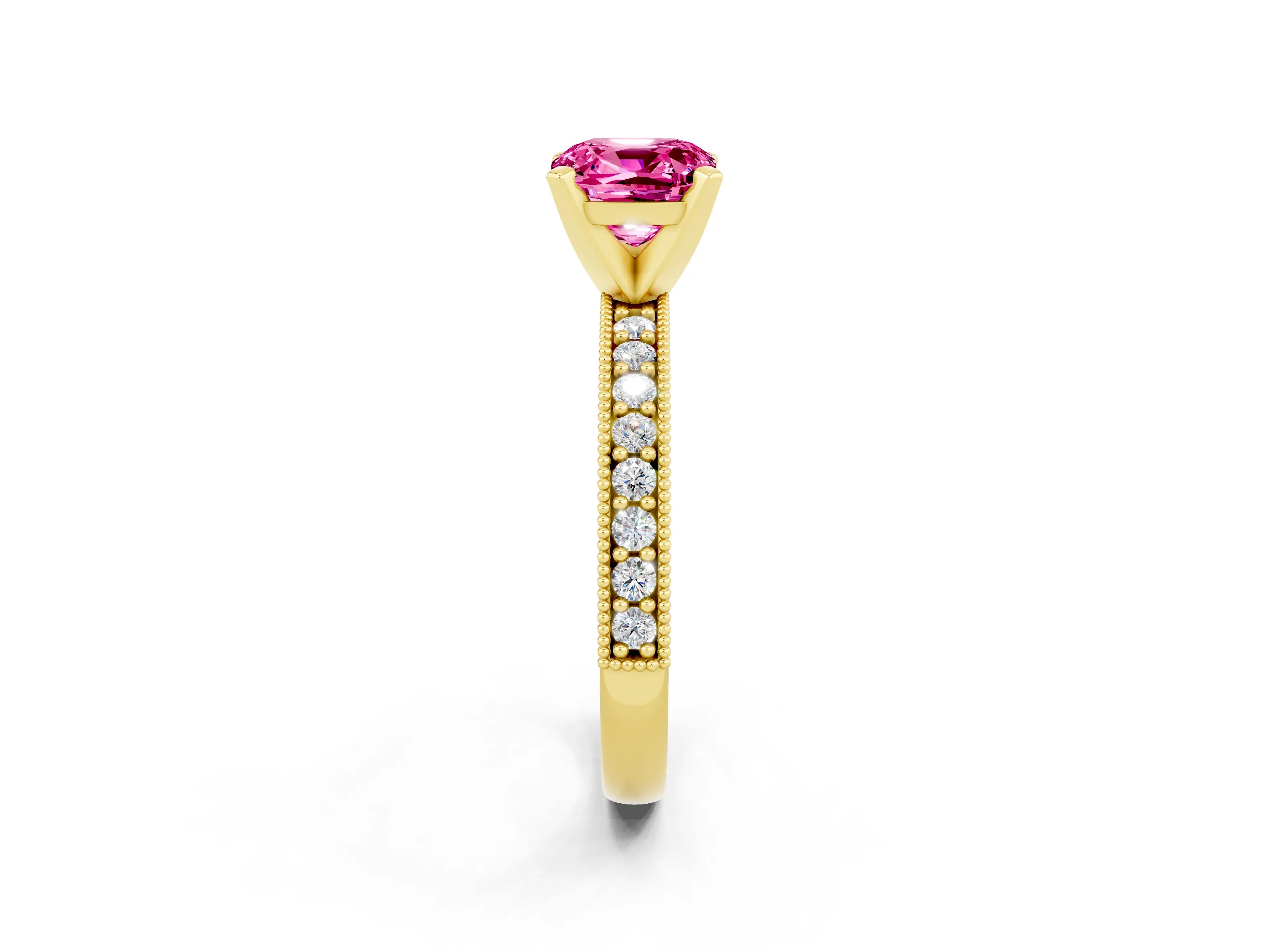 Yellow gold Cushion Cut Pink Sapphire Milgrain Pavé Engagement Ring with Four-Prong Setting_62
