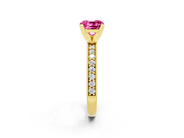 Yellow gold Cushion Cut Pink Sapphire Milgrain Pavé Engagement Ring with Four-Prong Setting