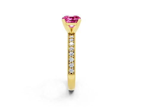 Yellow gold Cushion Cut Pink Sapphire Milgrain Pavé Engagement Ring with Four-Prong Setting_62
