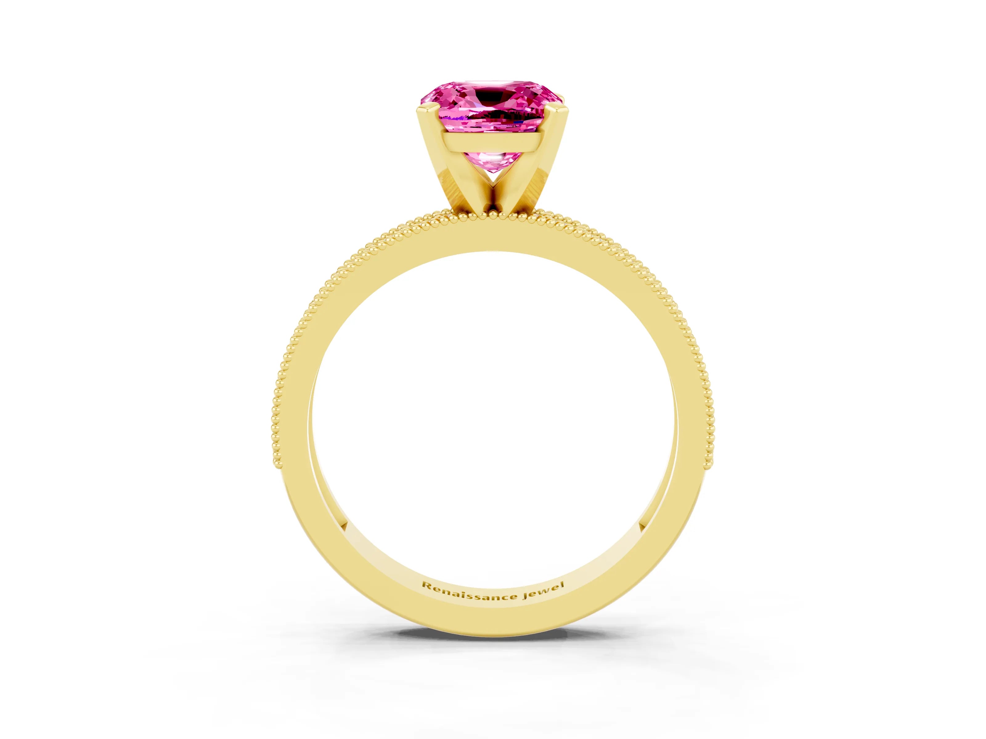 Yellow gold Cushion Cut Pink Sapphire Milgrain Pavé Engagement Ring with Four-Prong Setting_63