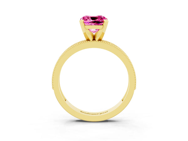 Yellow gold Cushion Cut Pink Sapphire Milgrain Pavé Engagement Ring with Four-Prong Setting