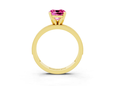 Yellow gold Cushion Cut Pink Sapphire Milgrain Pavé Engagement Ring with Four-Prong Setting_63