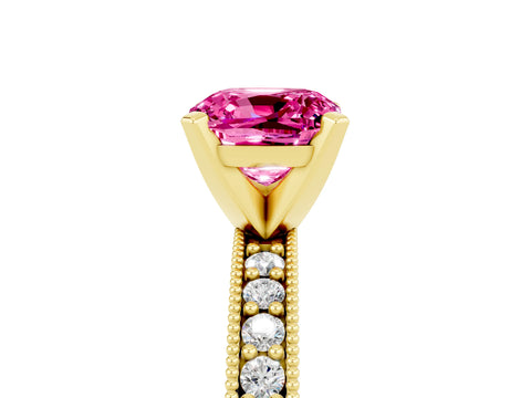 Yellow gold Cushion Cut Pink Sapphire Milgrain Pavé Engagement Ring with Four-Prong Setting_65