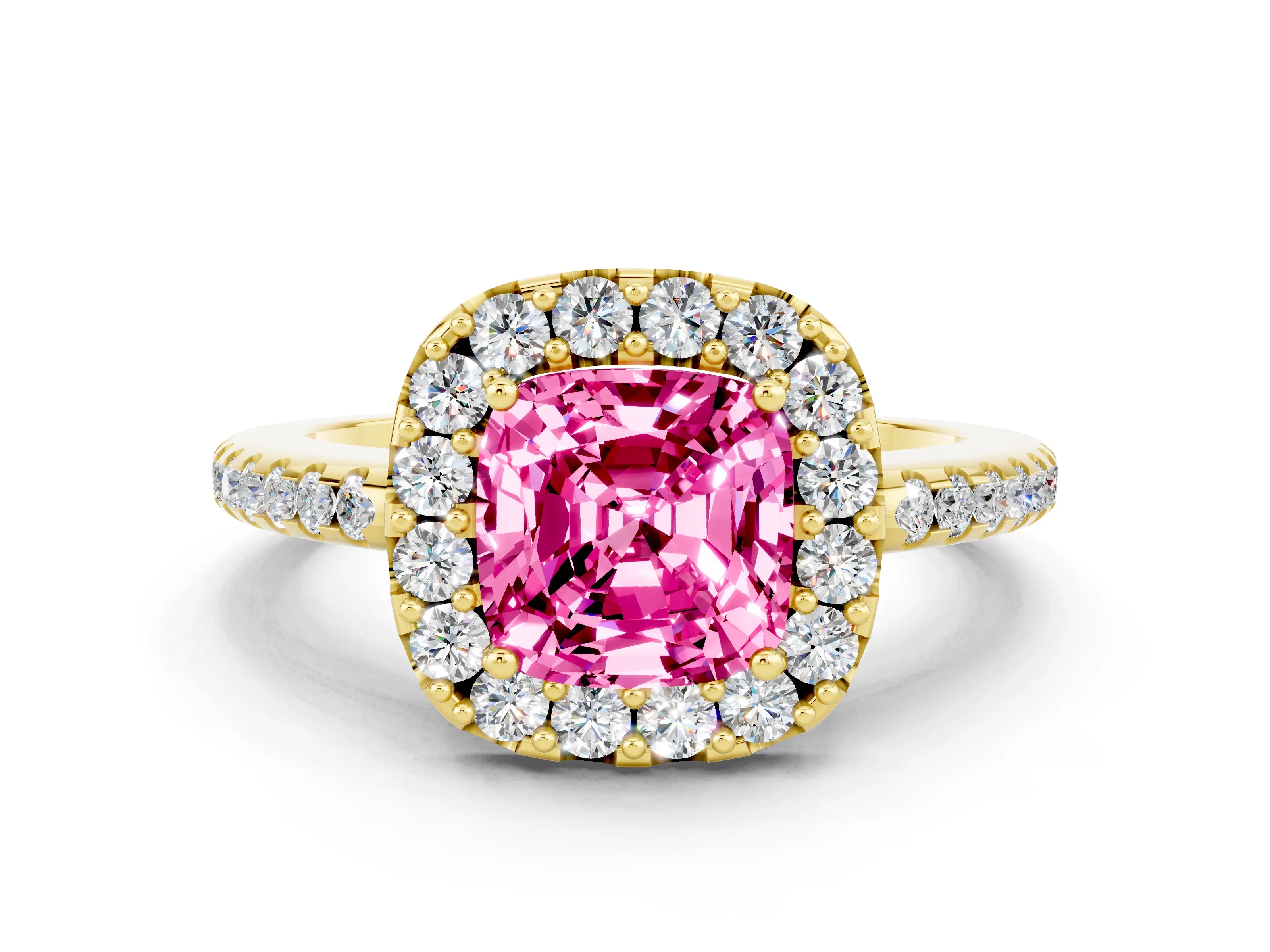 Yellow gold Cushion Cut Pink Sapphire Pavé Halo Ring with Four-Prong Setting_12