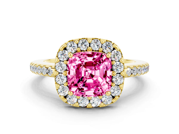 Yellow gold Cushion Cut Pink Sapphire Pavé Halo Ring with Four-Prong Setting