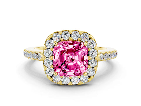 Yellow gold Cushion Cut Pink Sapphire Pavé Halo Ring with Four-Prong Setting_12
