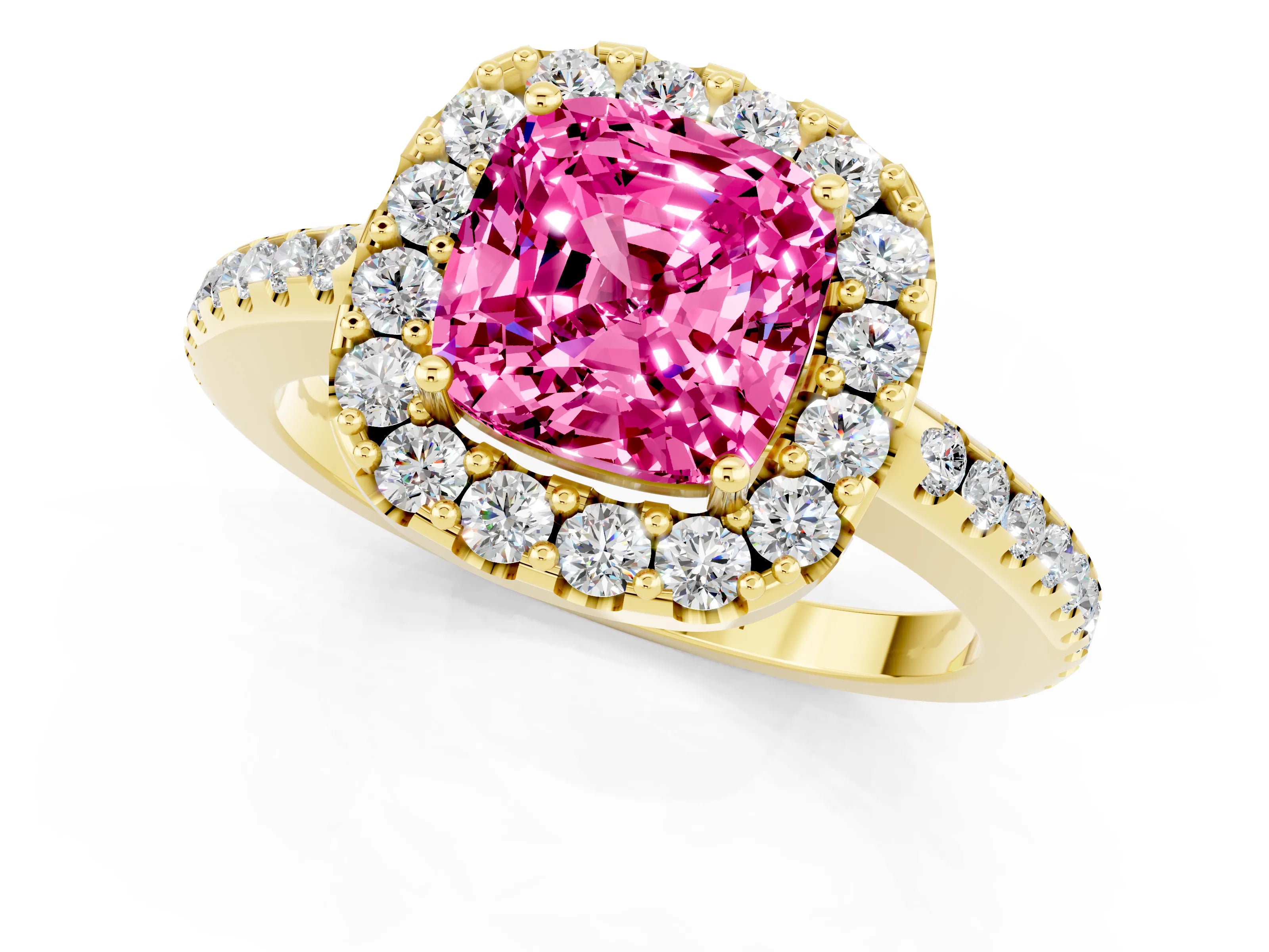 Yellow gold Cushion Cut Pink Sapphire Pavé Halo Ring with Four-Prong Setting_13