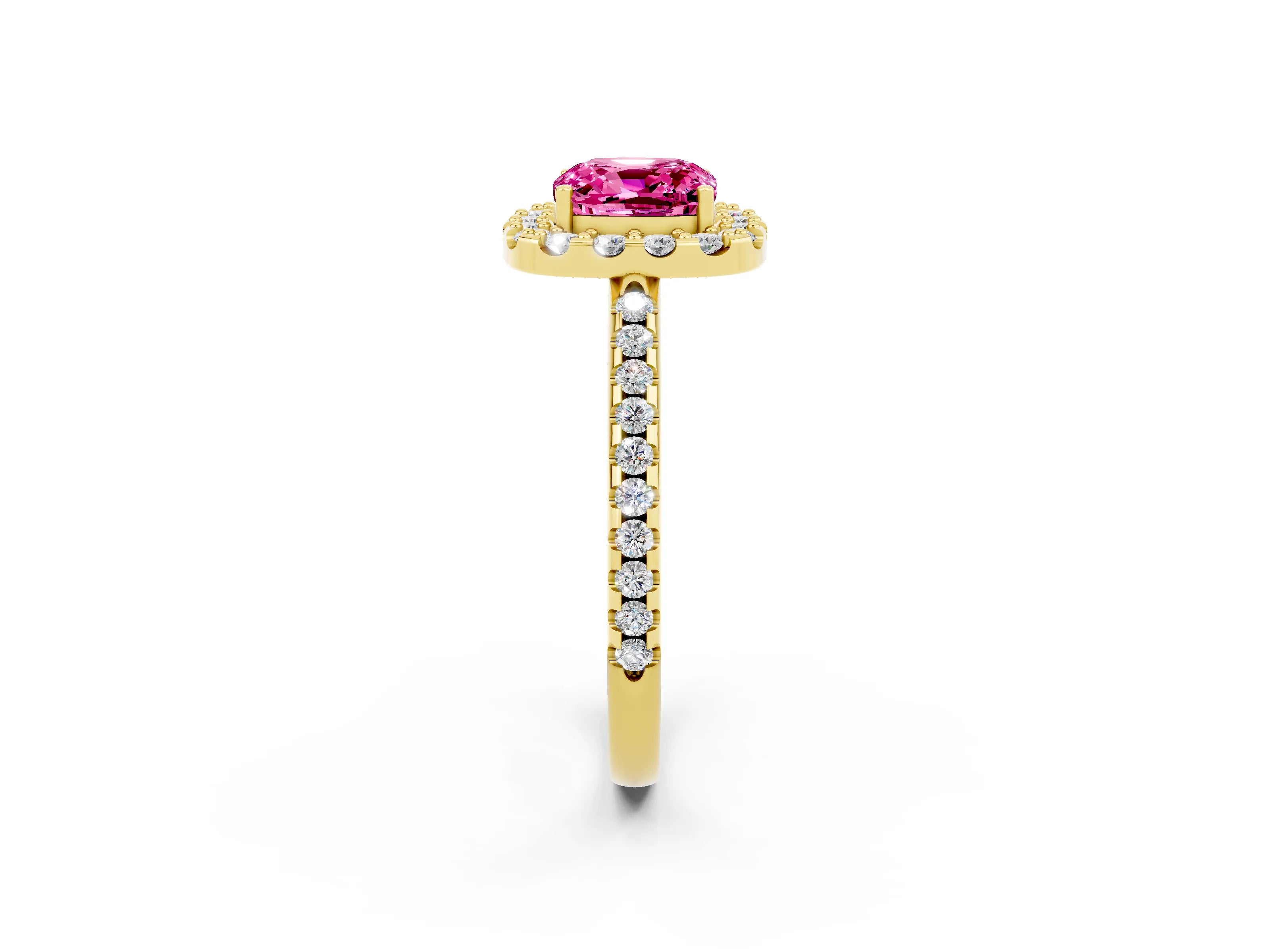Yellow gold Cushion Cut Pink Sapphire Pavé Halo Ring with Four-Prong Setting_14