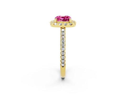 Yellow gold Cushion Cut Pink Sapphire Pavé Halo Ring with Four-Prong Setting_14