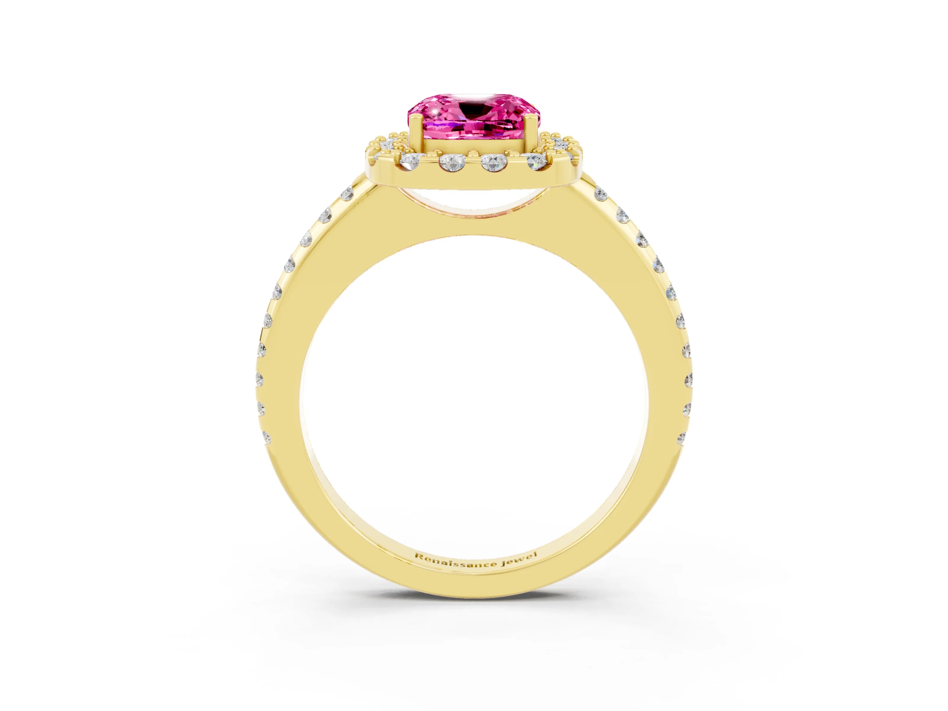 Yellow gold Cushion Cut Pink Sapphire Pavé Halo Ring with Four-Prong Setting_15