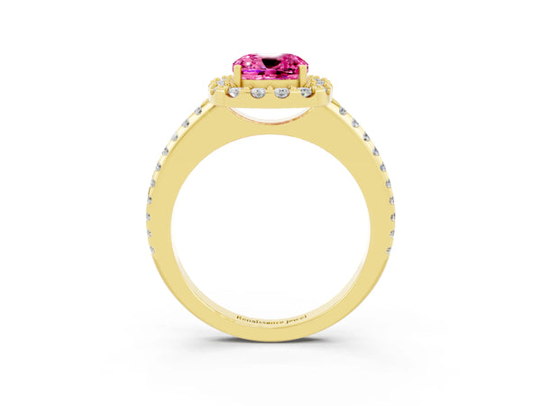 Yellow gold Cushion Cut Pink Sapphire Pavé Halo Ring with Four-Prong Setting