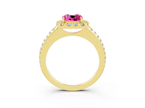 Yellow gold Cushion Cut Pink Sapphire Pavé Halo Ring with Four-Prong Setting_15