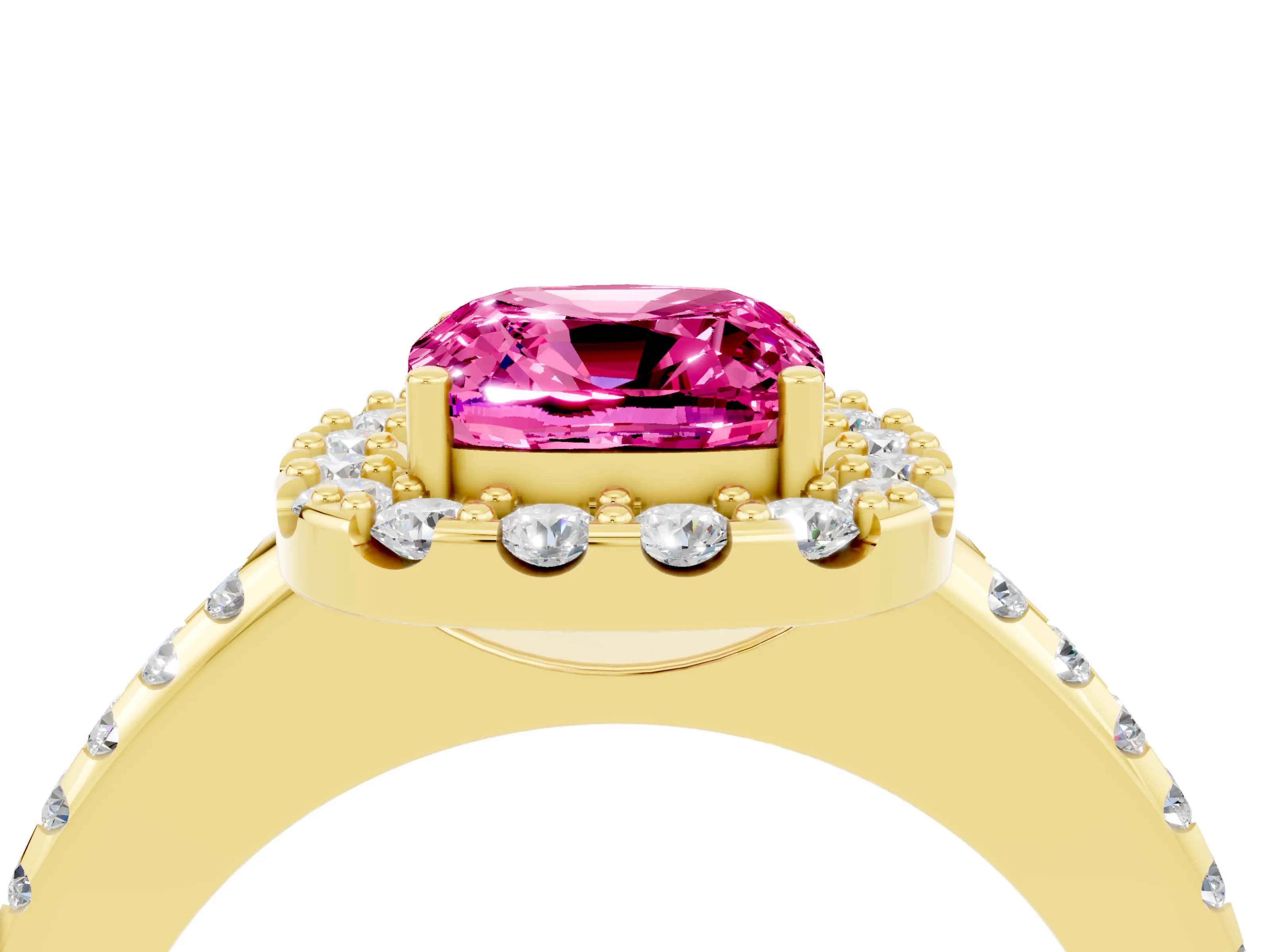 Yellow gold Cushion Cut Pink Sapphire Pavé Halo Ring with Four-Prong Setting_16