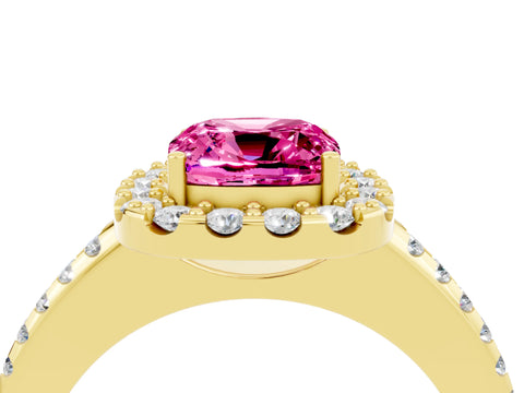 Yellow gold Cushion Cut Pink Sapphire Pavé Halo Ring with Four-Prong Setting_16