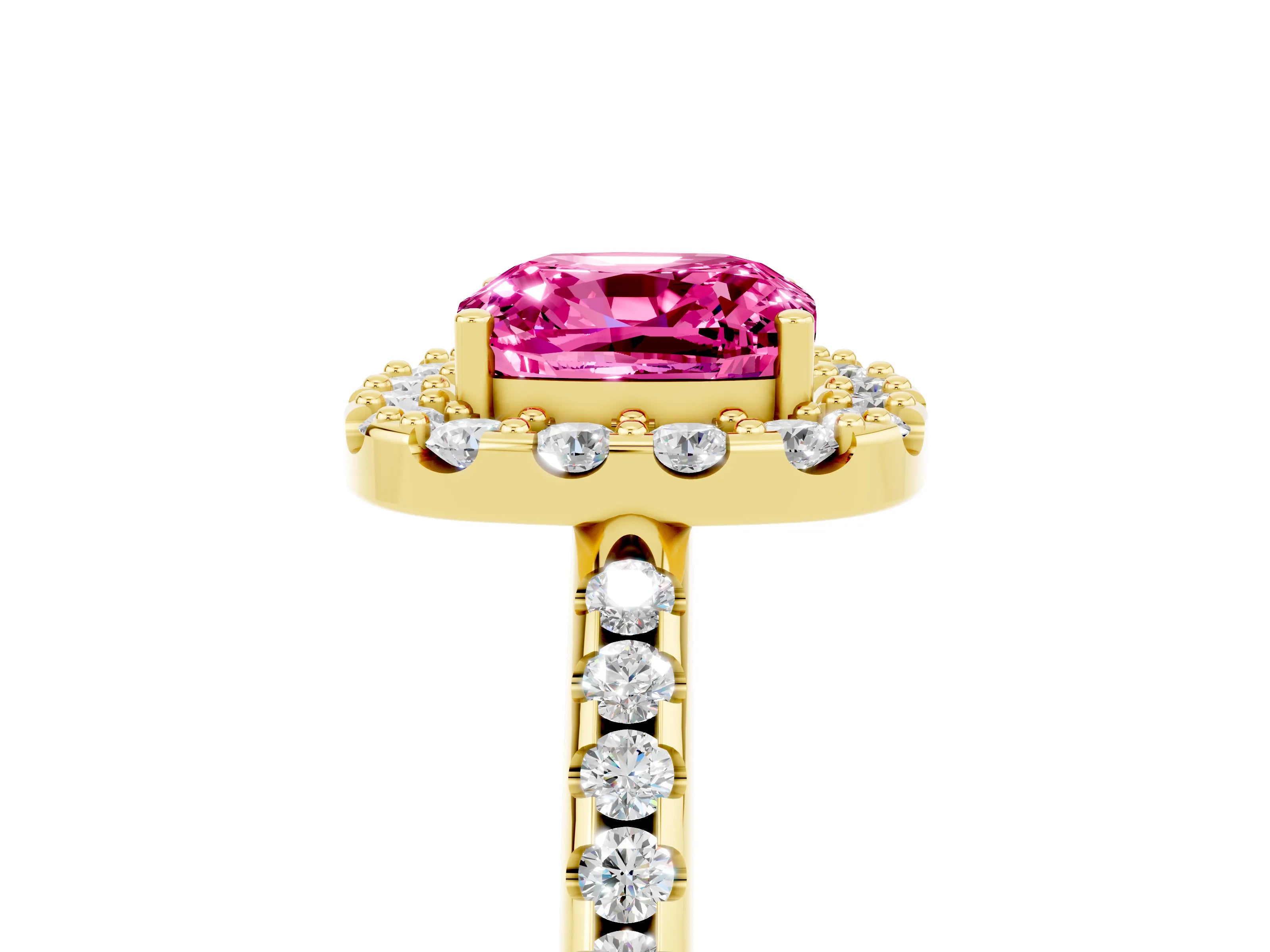 Yellow gold Cushion Cut Pink Sapphire Pavé Halo Ring with Four-Prong Setting_17