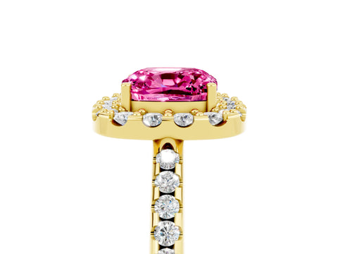 Yellow gold Cushion Cut Pink Sapphire Pavé Halo Ring with Four-Prong Setting_17
