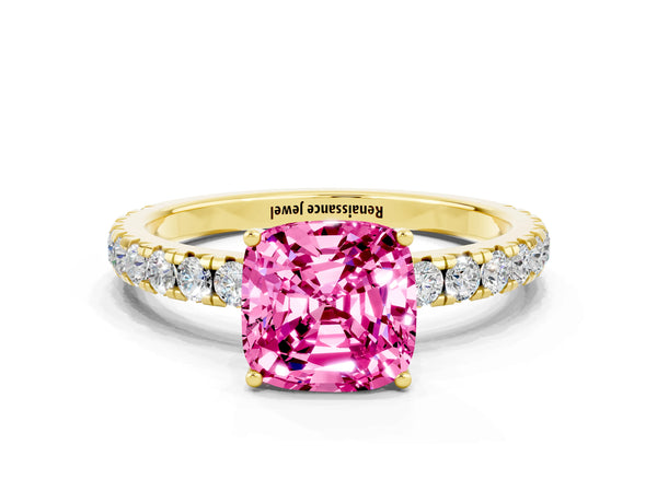 Yellow gold Cushion Cut Pink Sapphire Pavé Solitaire Engagement Ring with Four-Prong Setting