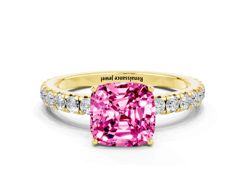 Yellow gold Cushion Cut Pink Sapphire Pavé Solitaire Engagement Ring with Four-Prong Setting_12