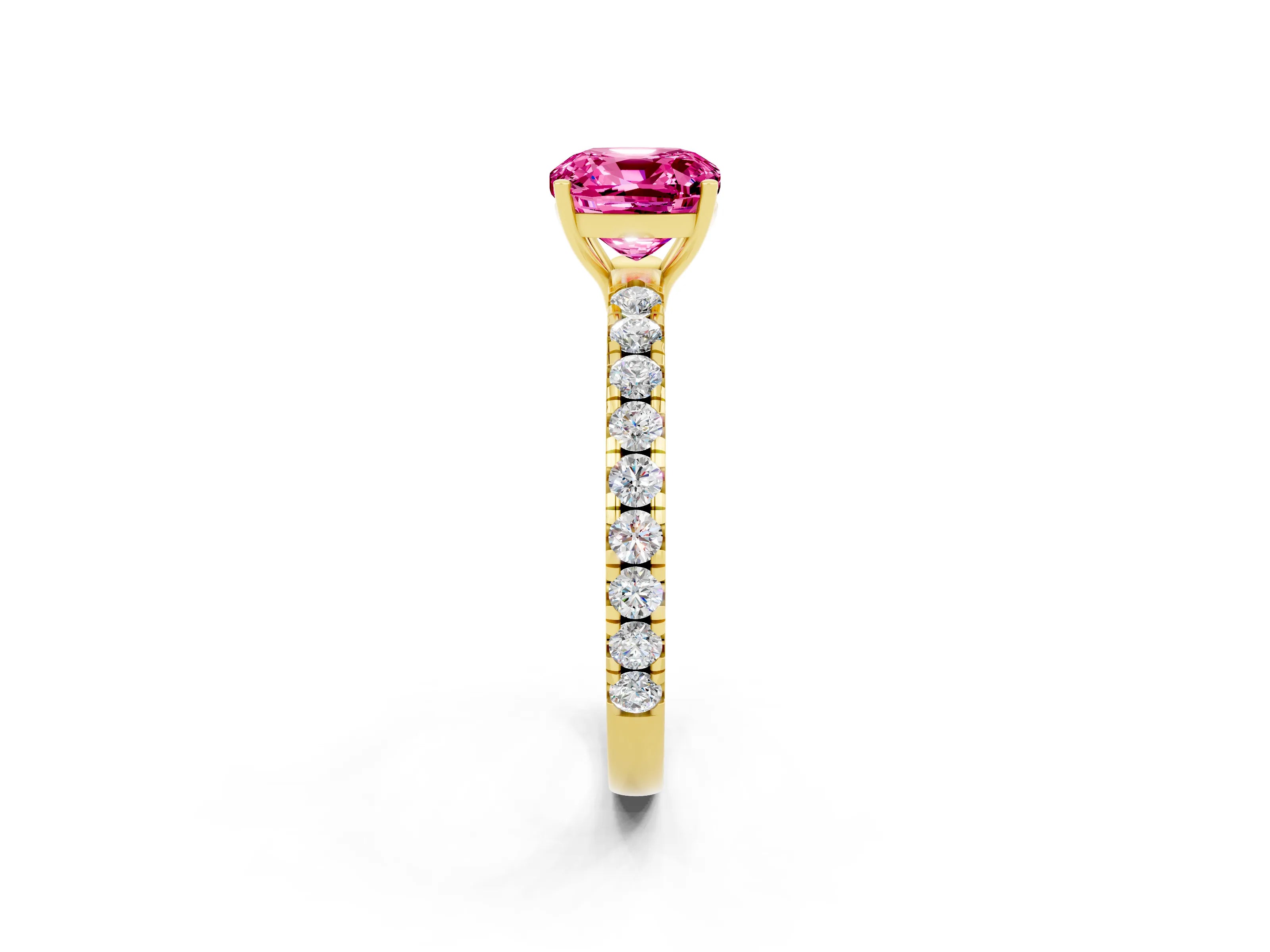 Yellow gold Cushion Cut Pink Sapphire Pavé Solitaire Engagement Ring with Four-Prong Setting_14