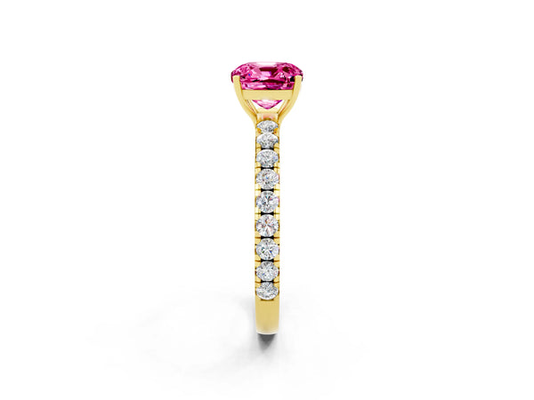 Yellow gold Cushion Cut Pink Sapphire Pavé Solitaire Engagement Ring with Four-Prong Setting