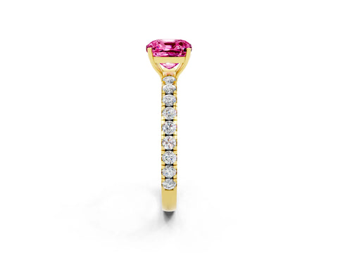 Yellow gold Cushion Cut Pink Sapphire Pavé Solitaire Engagement Ring with Four-Prong Setting_14