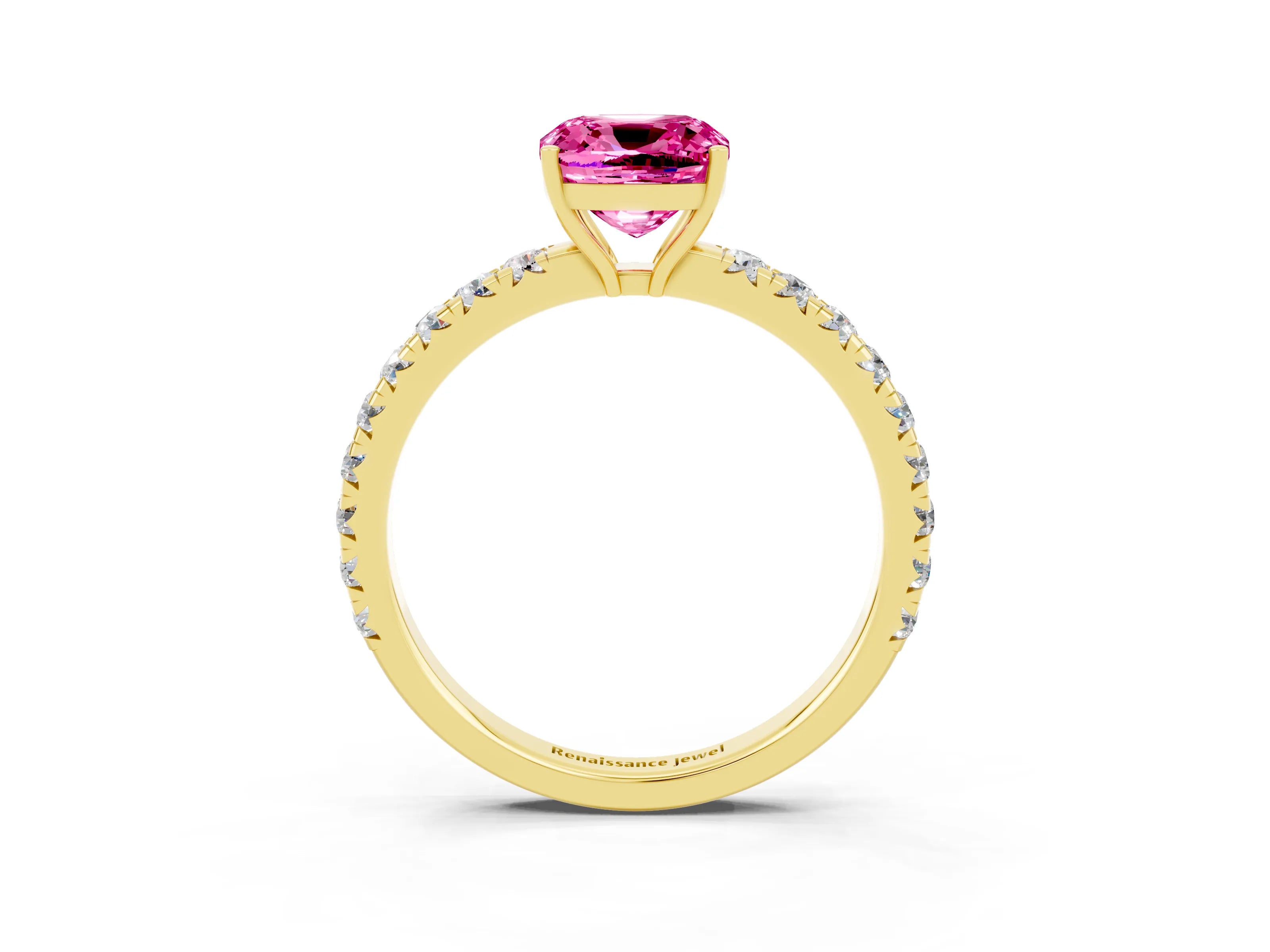 Yellow gold Cushion Cut Pink Sapphire Pavé Solitaire Engagement Ring with Four-Prong Setting_15