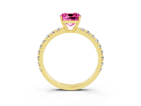 Yellow gold Cushion Cut Pink Sapphire Pavé Solitaire Engagement Ring with Four-Prong Setting_15