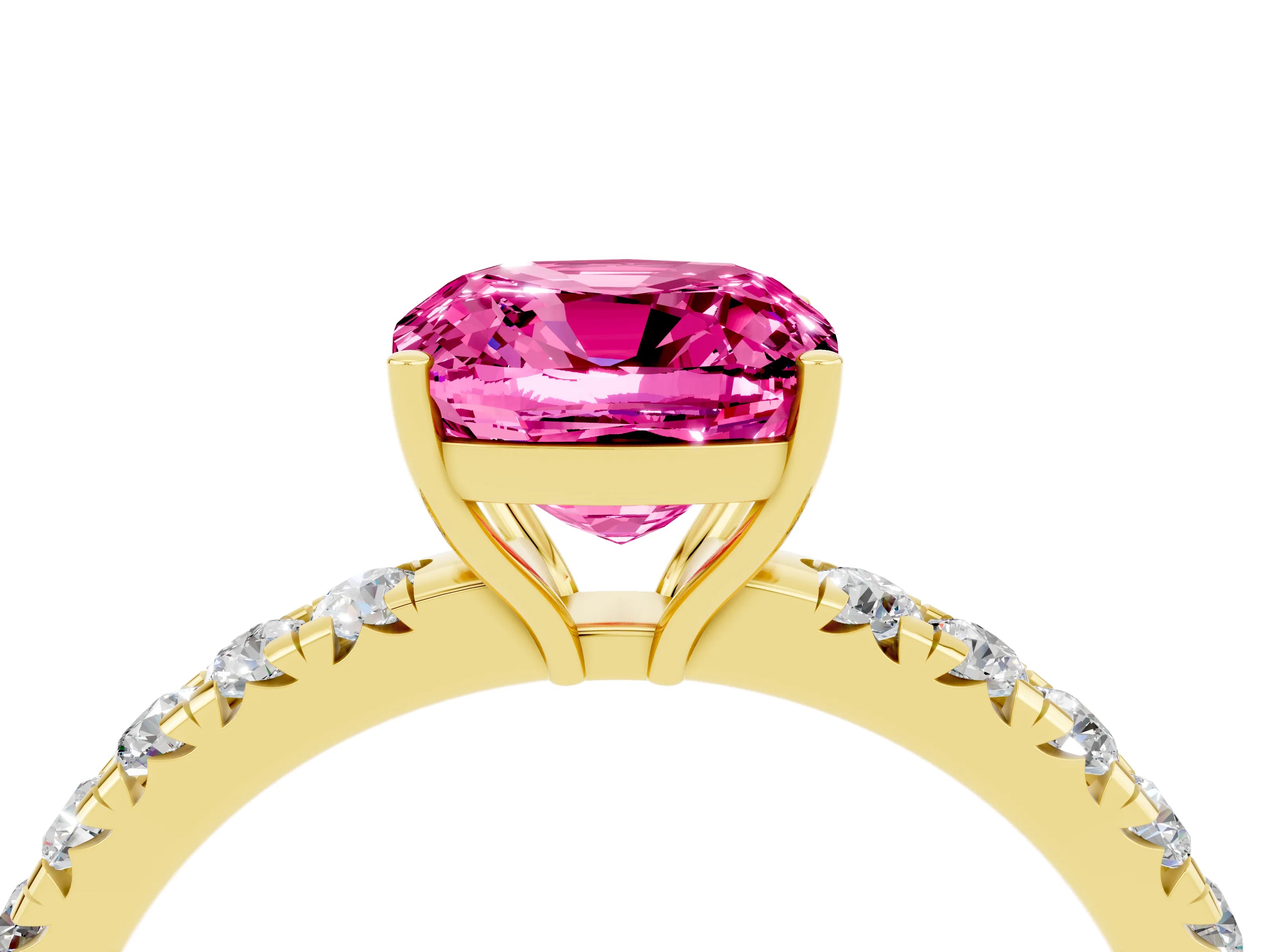 Yellow gold Cushion Cut Pink Sapphire Pavé Solitaire Engagement Ring with Four-Prong Setting_16
