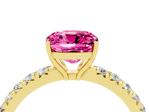 Yellow gold Cushion Cut Pink Sapphire Pavé Solitaire Engagement Ring with Four-Prong Setting_16