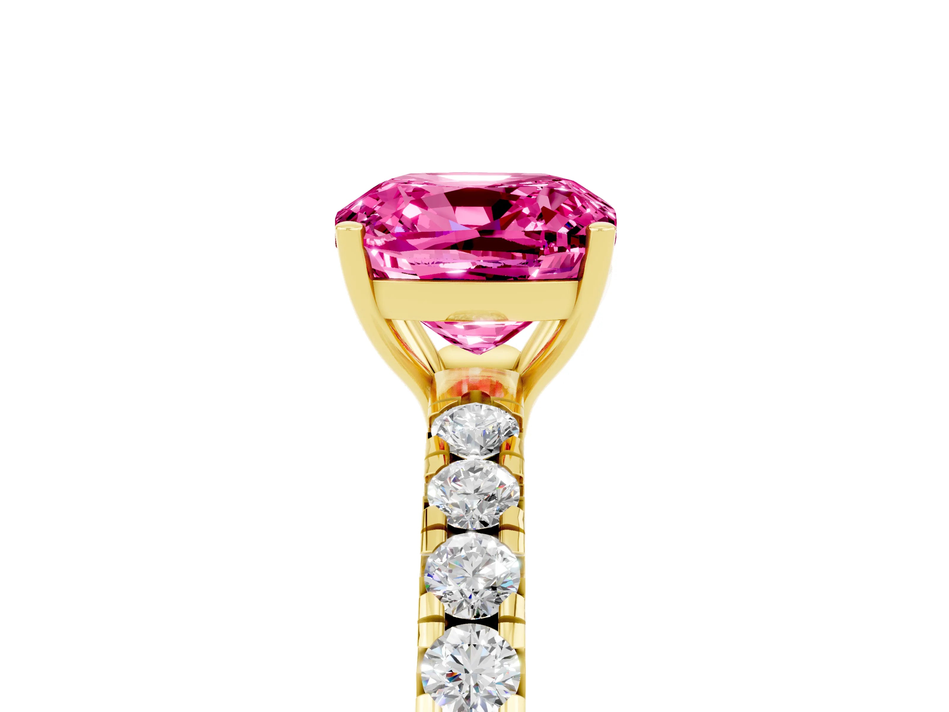 Yellow gold Cushion Cut Pink Sapphire Pavé Solitaire Engagement Ring with Four-Prong Setting_17