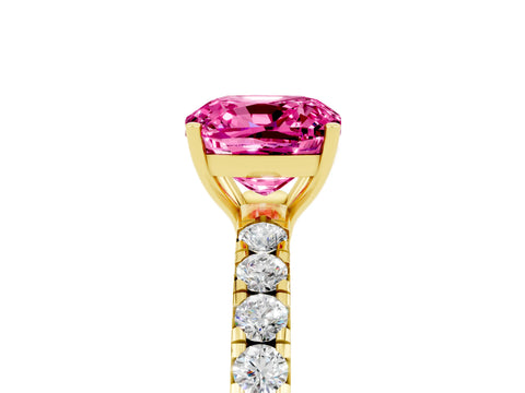 Yellow gold Cushion Cut Pink Sapphire Pavé Solitaire Engagement Ring with Four-Prong Setting_17