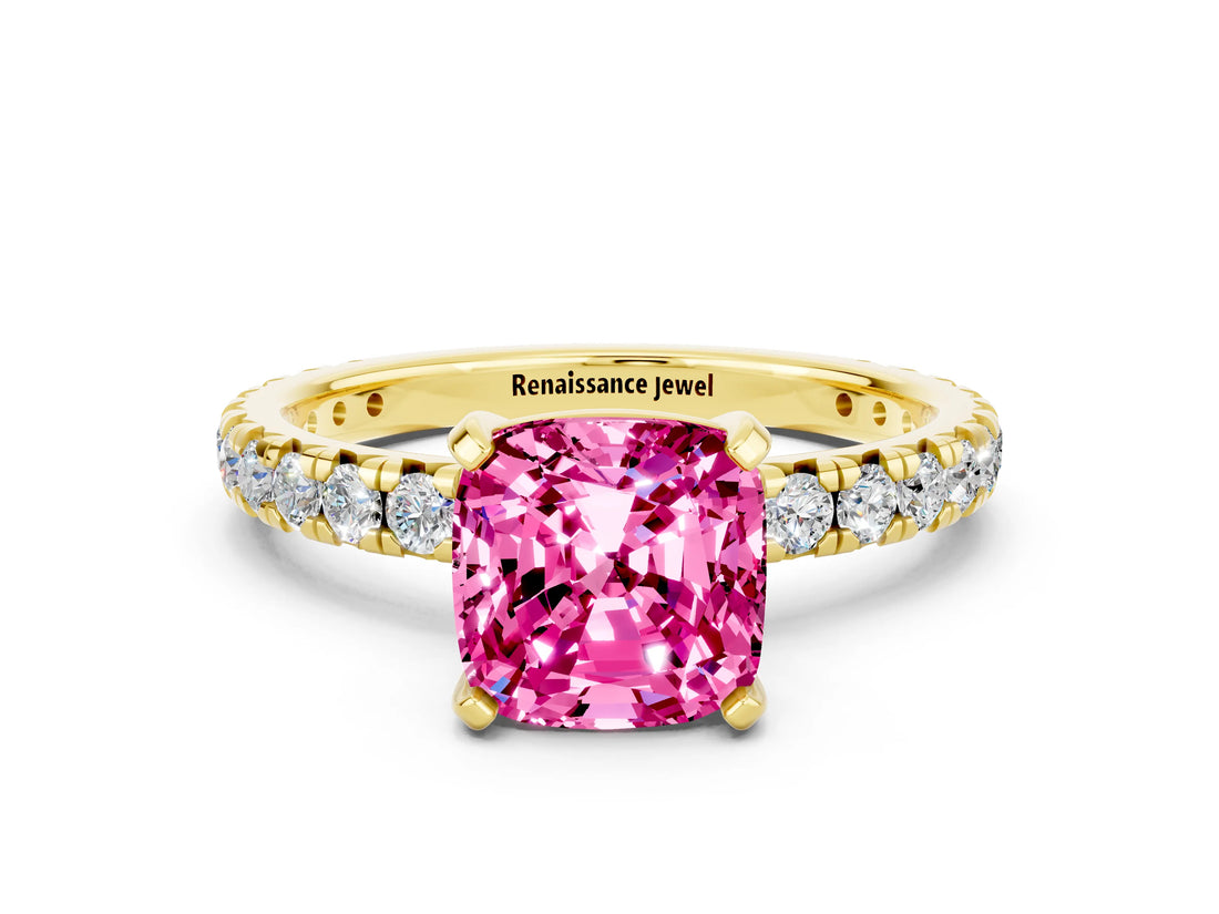 Yellow gold Cushion Cut Pink Sapphire Pavé Solitaire Ring with Round Band and Prong Setting_12